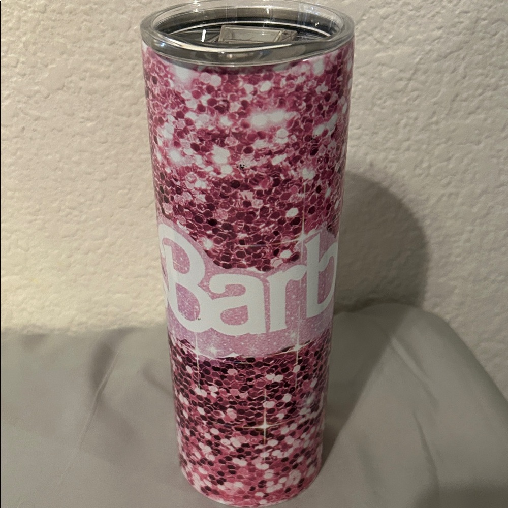 Pink Barbie tumbler.